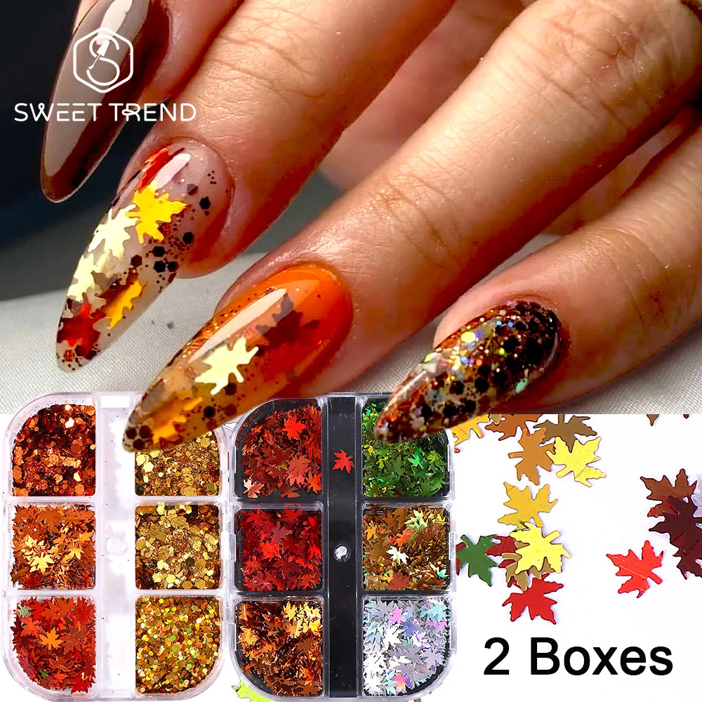 SWEET TREND-2 Boxed Autumn Maple Leaf Nail Art Sequins & Glitter Holographic Fall Leaf Flakes Manicure Decorations Accessories