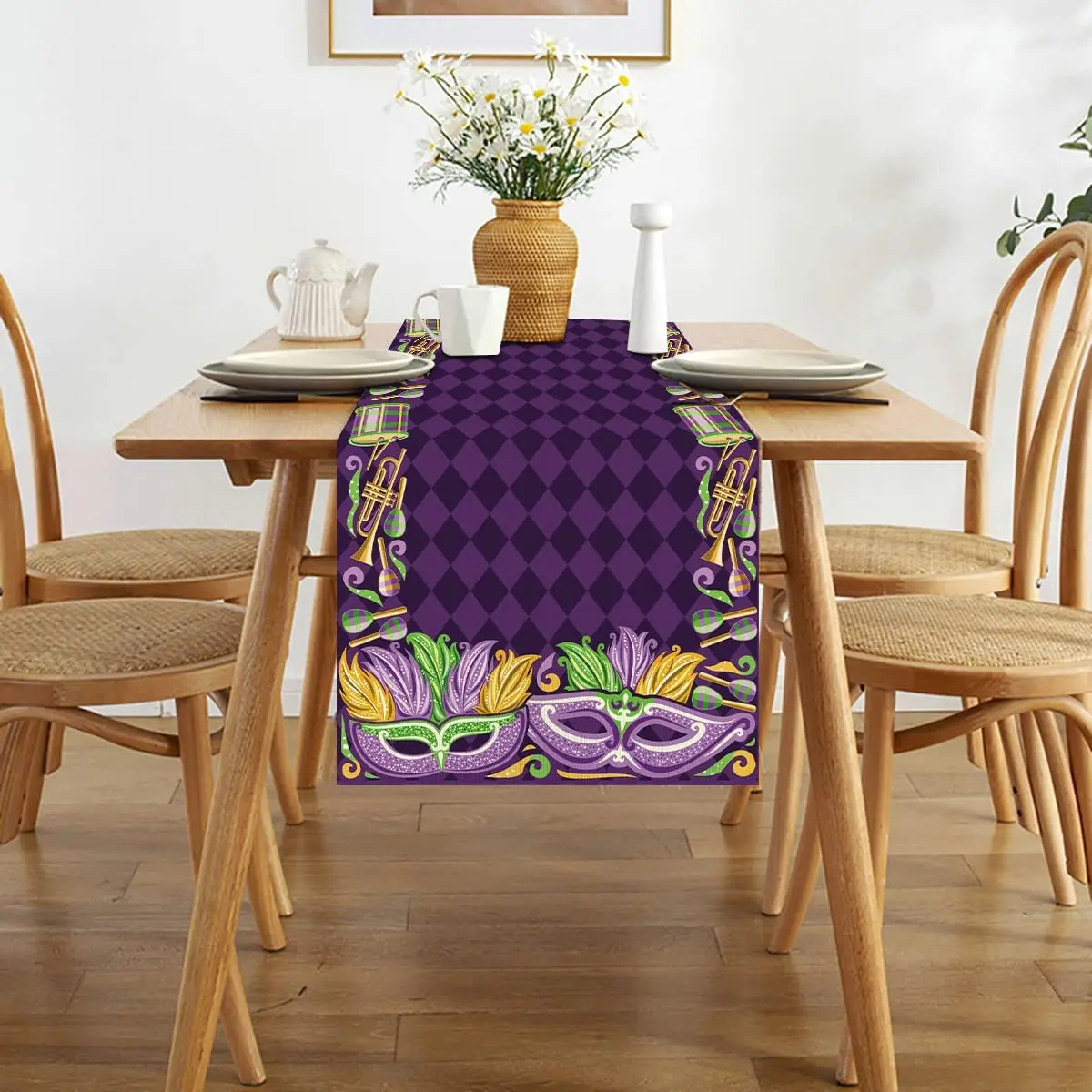 Mardi Gras Linen Table Runner Holiday Party Decoration Brazil Carnival Masquerade    for Kitchen Dining Decor