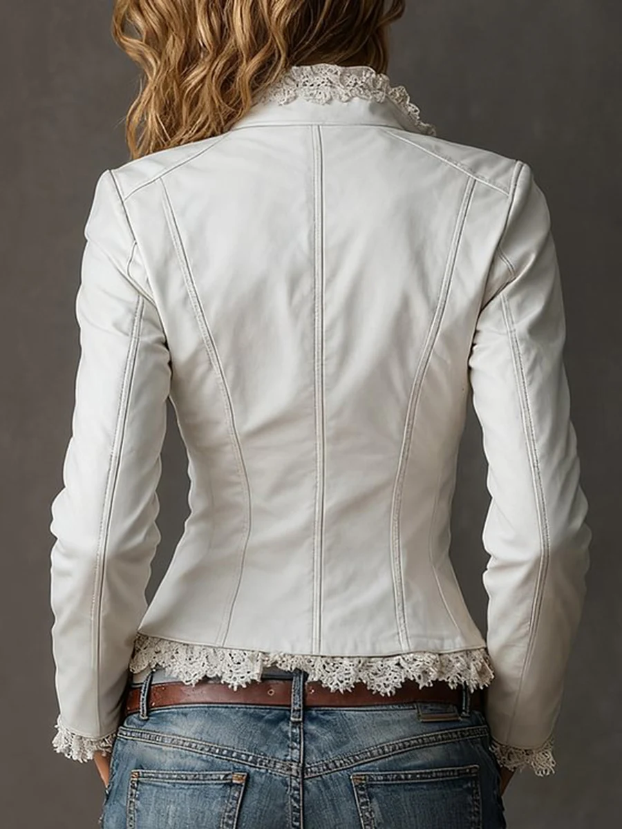 Elegant Lace Trim Faux PU Leather Jacket For Women Lapel Collar Zipper Long Sleeve Slim Fit Outerwear Female Chic Vintage Jacket