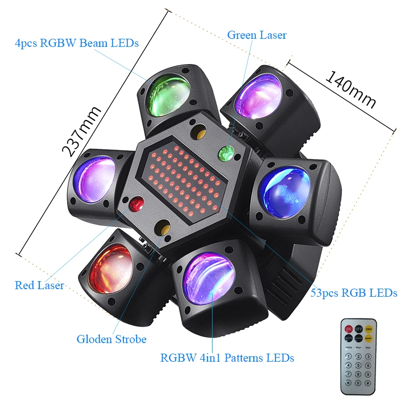 ستة الأسلحة RGBW LED شعاع تتحرك رئيس ضوء DMX نمط ستروب الليزر المرحلة الإضاءة التحكم عن بعد ديسكو هالوين عيد الميلاد أضواء DJ #4