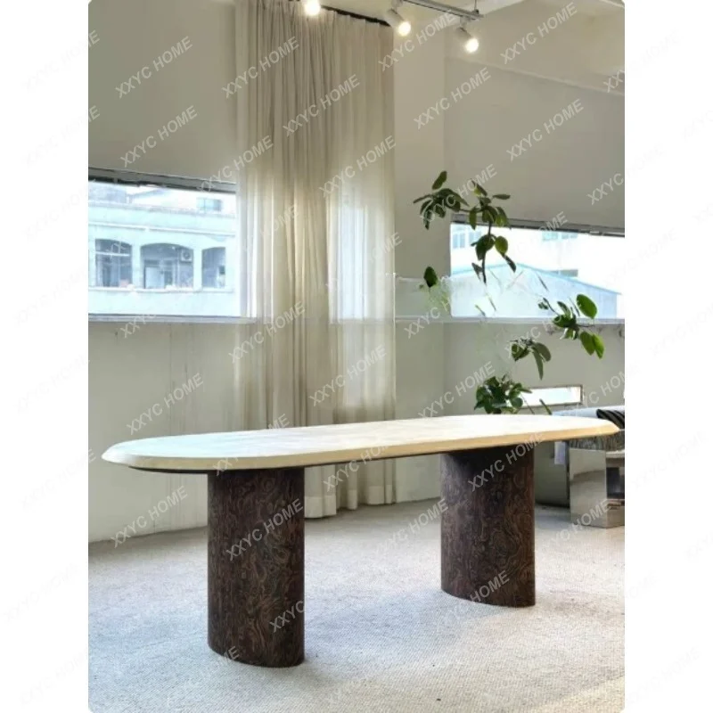 Medieval solid wood retro marble dining table artistic home villa oval dining table
