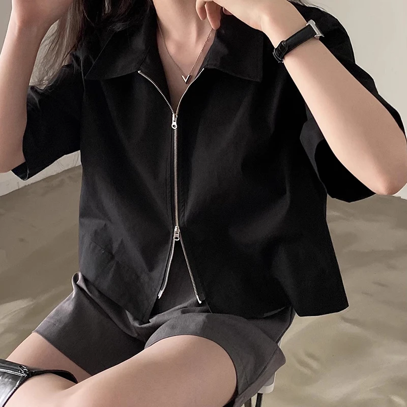 

Chic Summer Vintage Women's Loose Fit ort Sve irt Collared Double Zipper Design Casual Pure Color Top Korean Sle