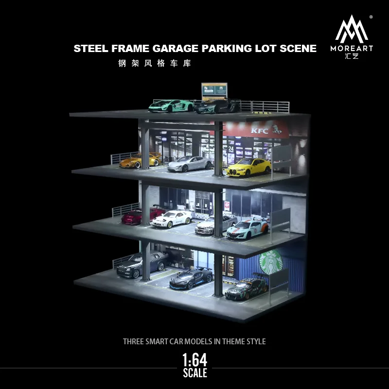 MOREART 1:64 Scale Diorama Car Garage Model Assemble Lighting Car Parking Lot Backdrop Display Scene Model Toy Collection