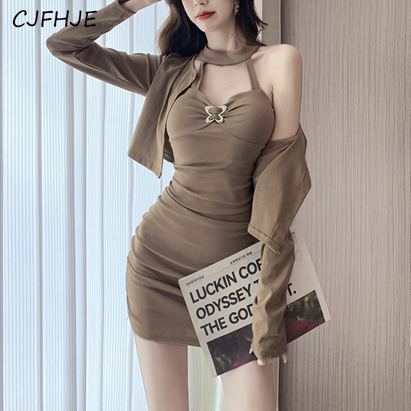 

CJFHJE Summer New Women's Fashion Shawl Cardigan Set Dress Korean Sexy Women Solid Color Hanging Neck Wrapped Hip Dresses