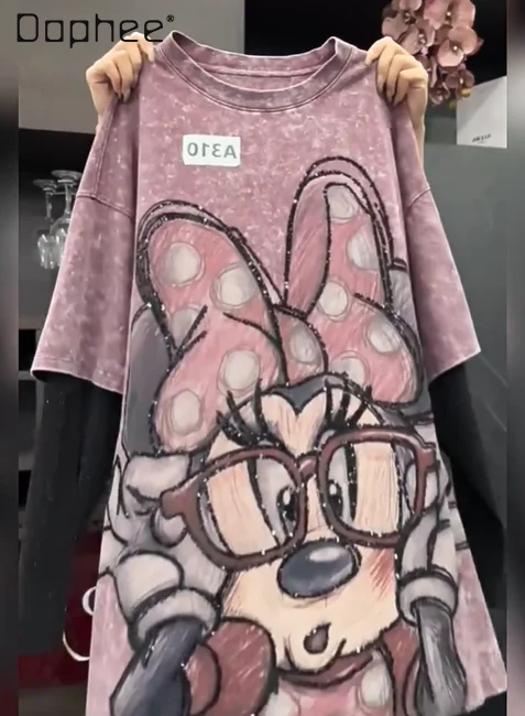 

Cartoon Sequin Print Kawaii Fake Two Long-sleeved T-shirt Loose Sweet Medium And Long Top Aesthetic Clothes O-neck T Shirt Women