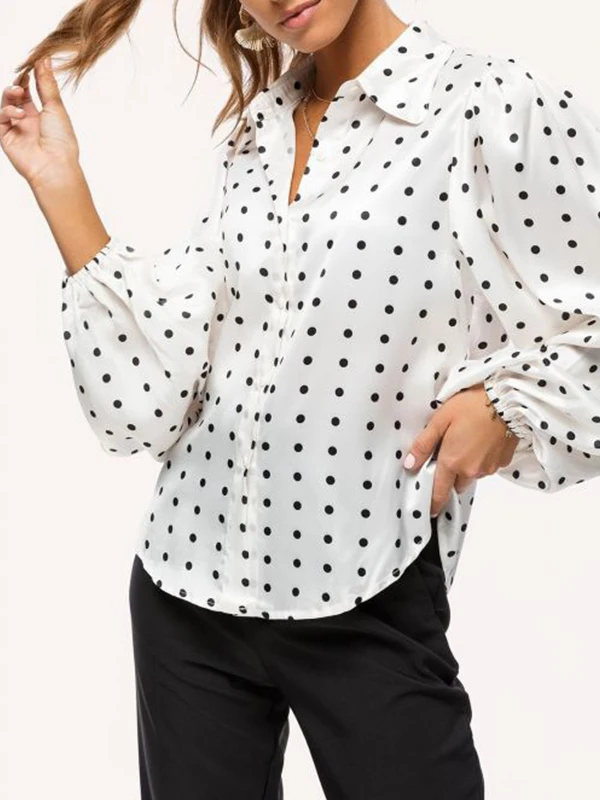 Polka Dot Lantern Sve Chiffon irt Women Loose Fit Street Sle Long Sve Button up round Ne Casual Top for Spring