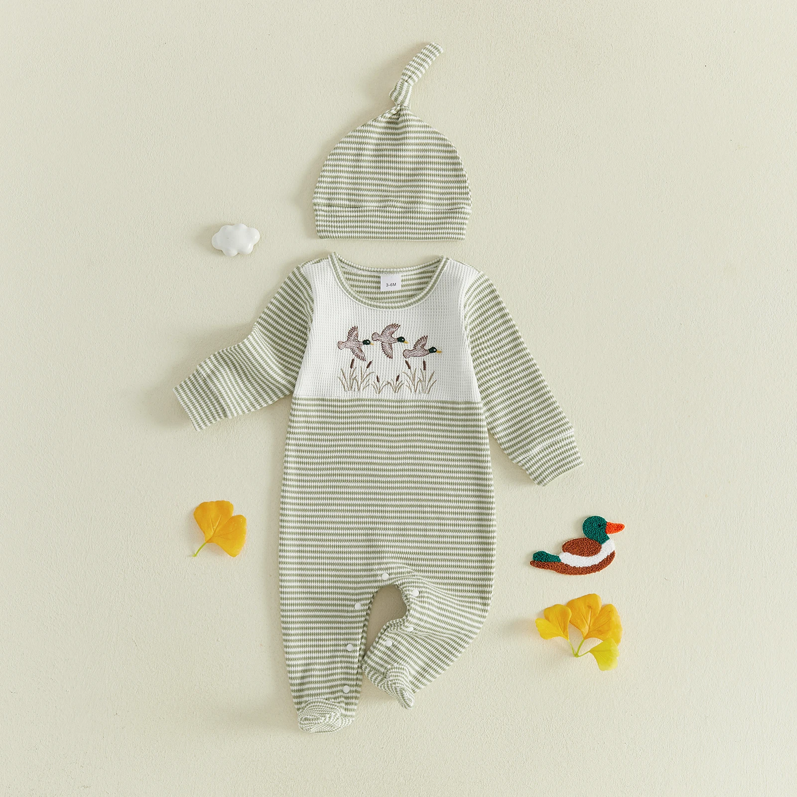 Baby Boy Waffled Stripe Romper Embroidery Long Sleeve Footed Jumpsuit Hat Baby Boys Autumn Clothes