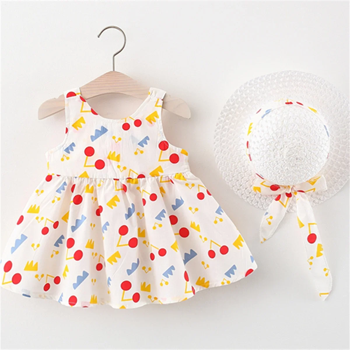 2Pcs/SetGirls\' Dress Summer New Instagram Children\'s Wear Irregular Print Back Cartoon Wings Sleeveless A-line Skirt with Hat