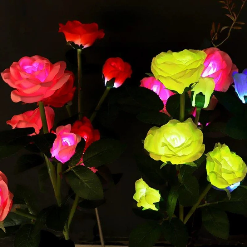 Artificial 5 Head Rose Flower Outdoor Holiday Garden Solar Lawn Lamp LED Ground Light Summer Wedding Party Yard Patio Decoration