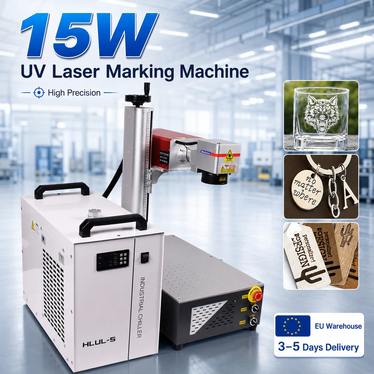 Machine de marquage laser UV 15W pour gravure sur verre, cristal, métal, plastique, bois, haute précision, avec refroidisseur d'eau, économie d'énergie