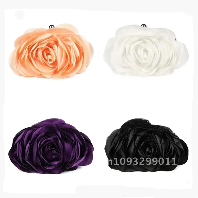 Satin rose Evening clutch Bag Designer Dinner Party black Purse white red Wedding purple color flower