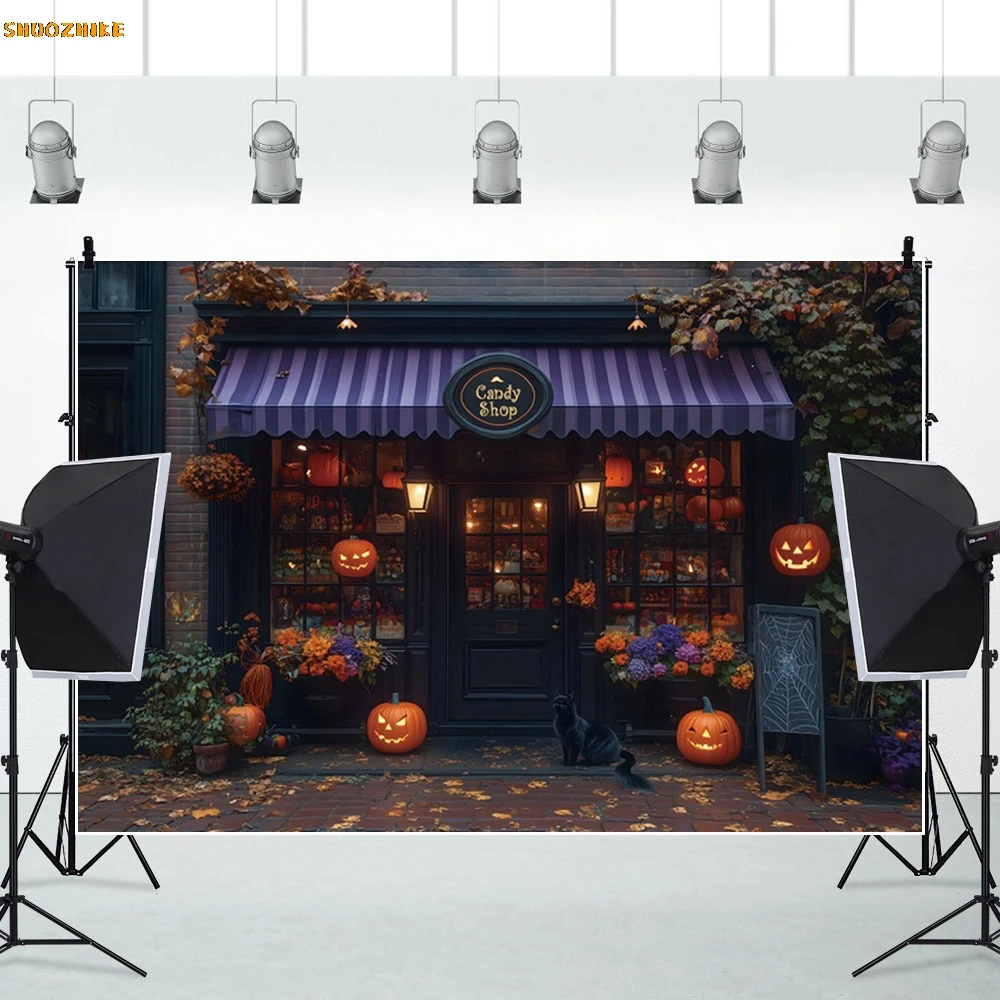 Halloween Snoepwinkel Achtergrond Pompoen Lantaarns Planten Baby Kids Portret Familie Fotografie Achtergrond Decor Fotostudio Props