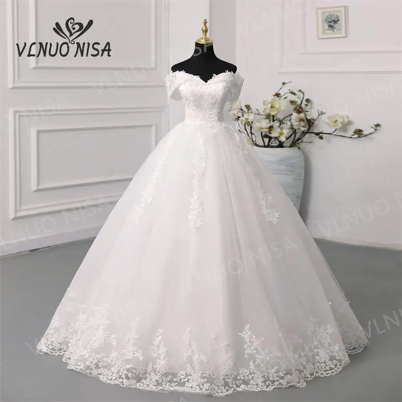 New Sweet Plus Size Wedding Dresses Vestido De Noiva Luxury Lace Pearls Boat Neck Classic Off Shoulder Bride Gown Robe De Mariee