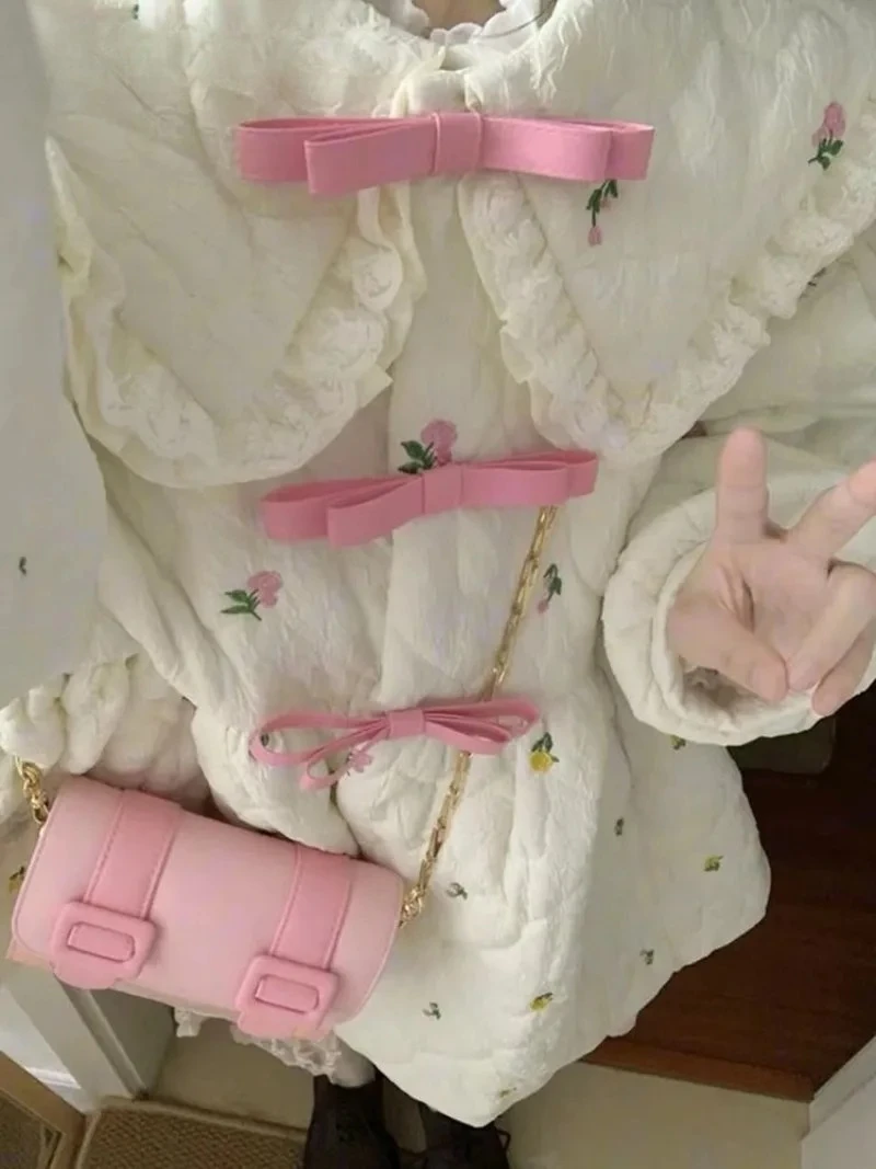 

Утолщенная теплая хлопковая куртка с узлом-бабочкой, пальто для студенток, зимняя свободная хлопковая стеганая куртка средней длины, кукольное платье