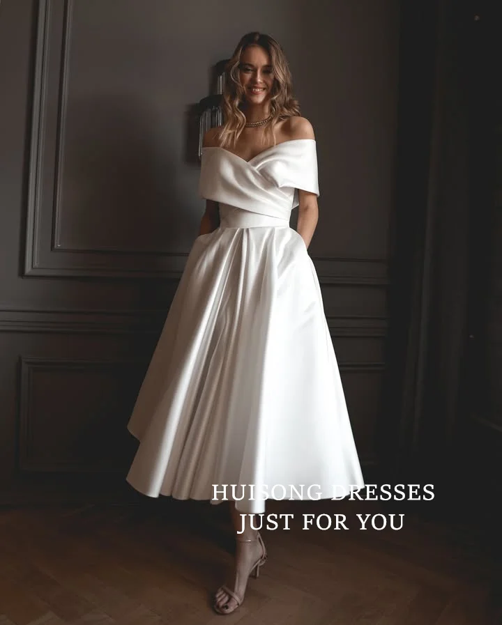 

HUISONG Customized Vestidos De Novia Midi Satin Wedding Dresses Off Shoulder Sleeveless A-Line Tea-Length Civil Bridal Gown