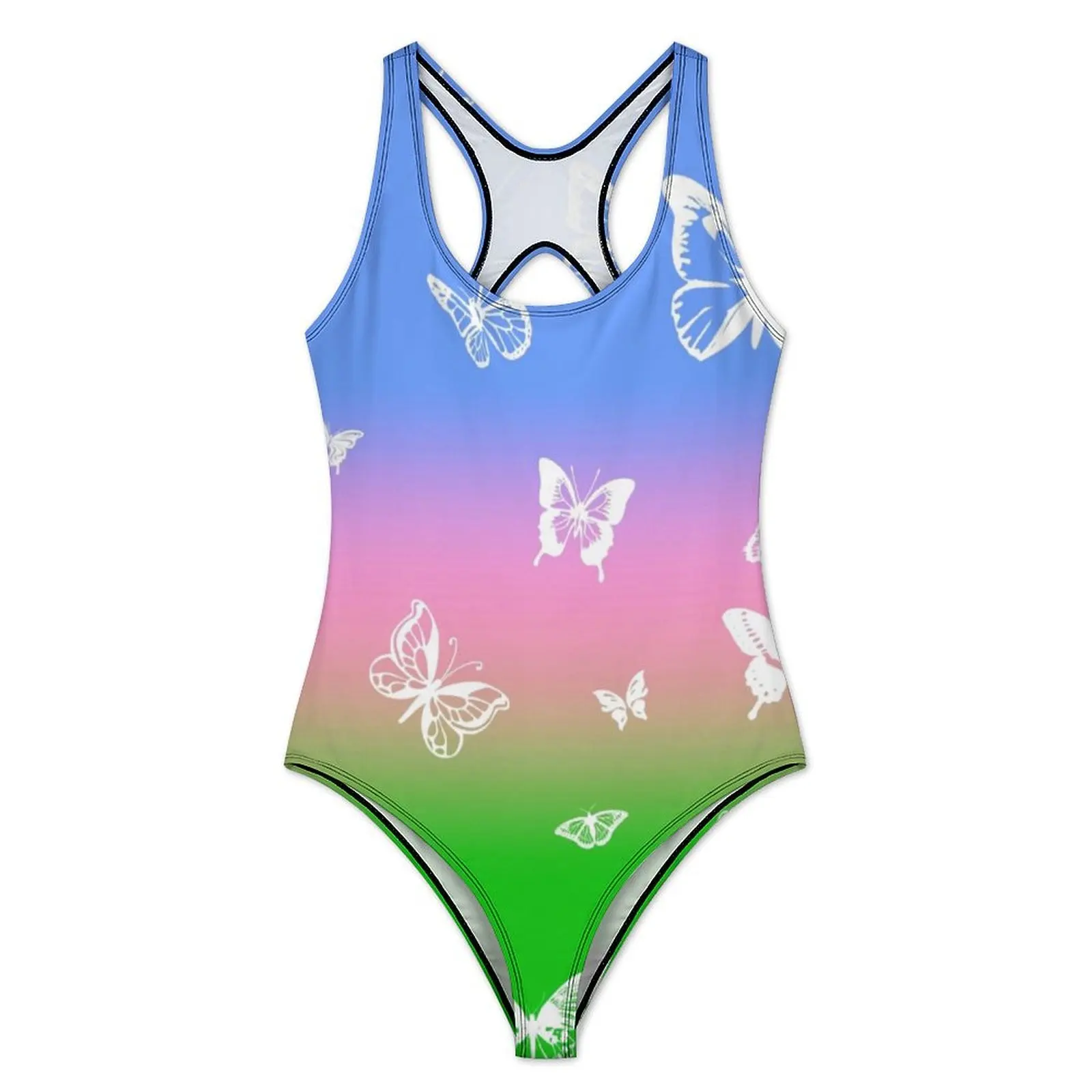 Blue Pink Ombre Swimsuit White Butterflies Swimwear One-Piece Sport Swimsuits High Cut Bathing Suits Women Push Up Beach Outfits