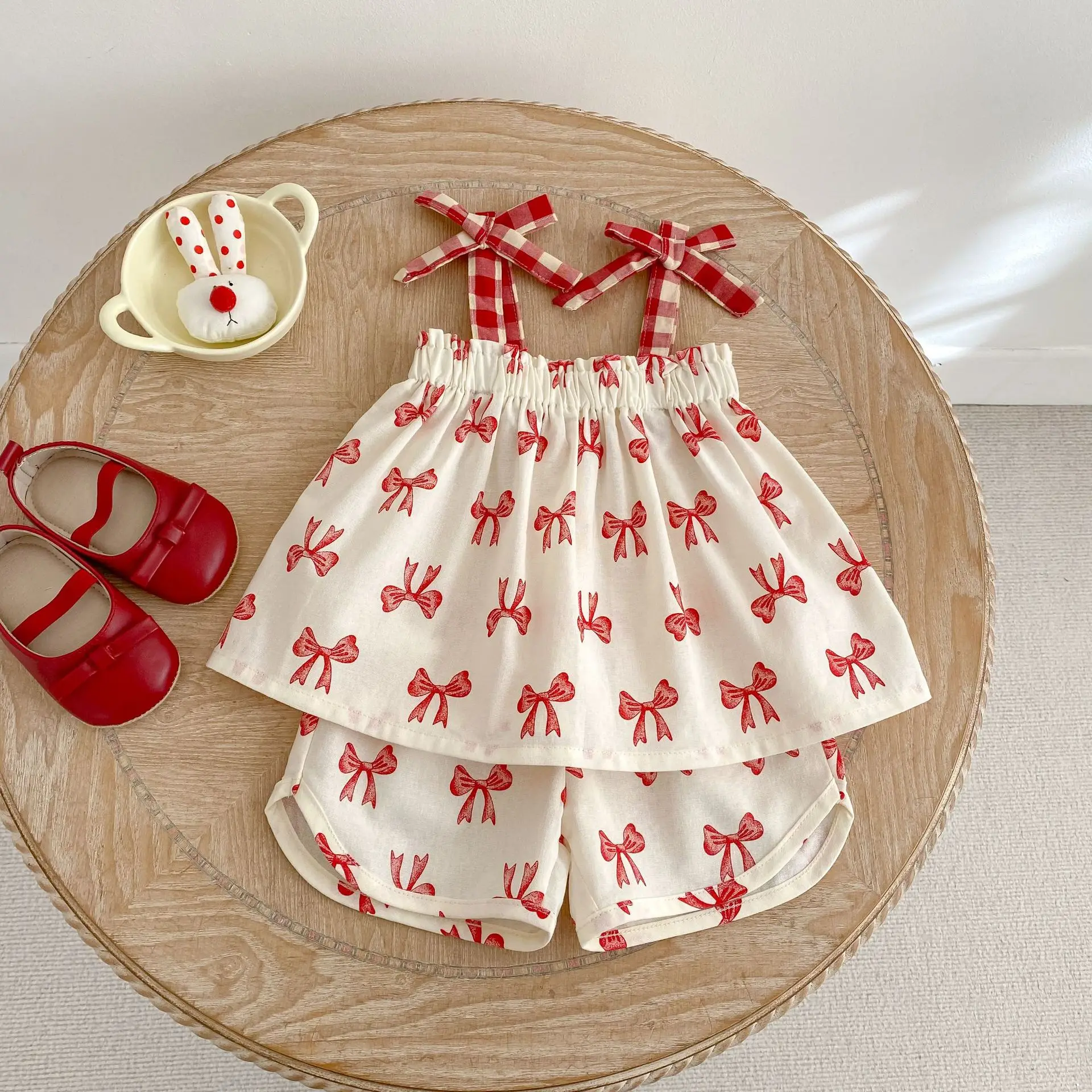 

2026 Summer New Baby Sleeveless Clothes Set Infant Girls Cute Bow Print Sling Tops + Shorts 2pcs Suit Toddler Cotton Outfits