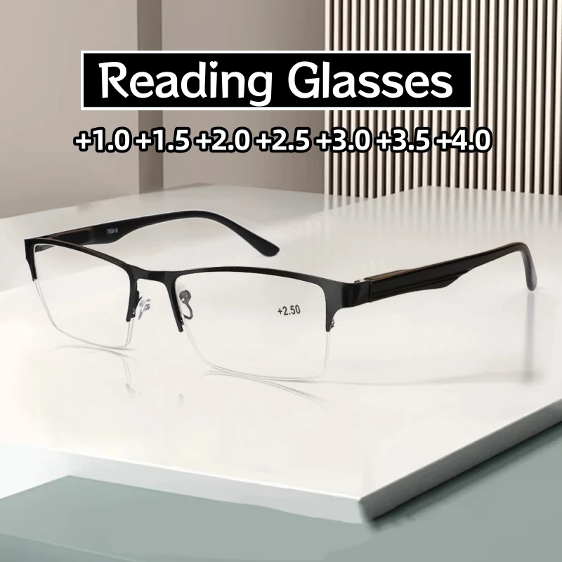 

Men Square Metal Frame Reading Glasses Classic Large Far Sight Eyewear Blue Light Blocking Ultralight Plus Diopter Eyeglasses