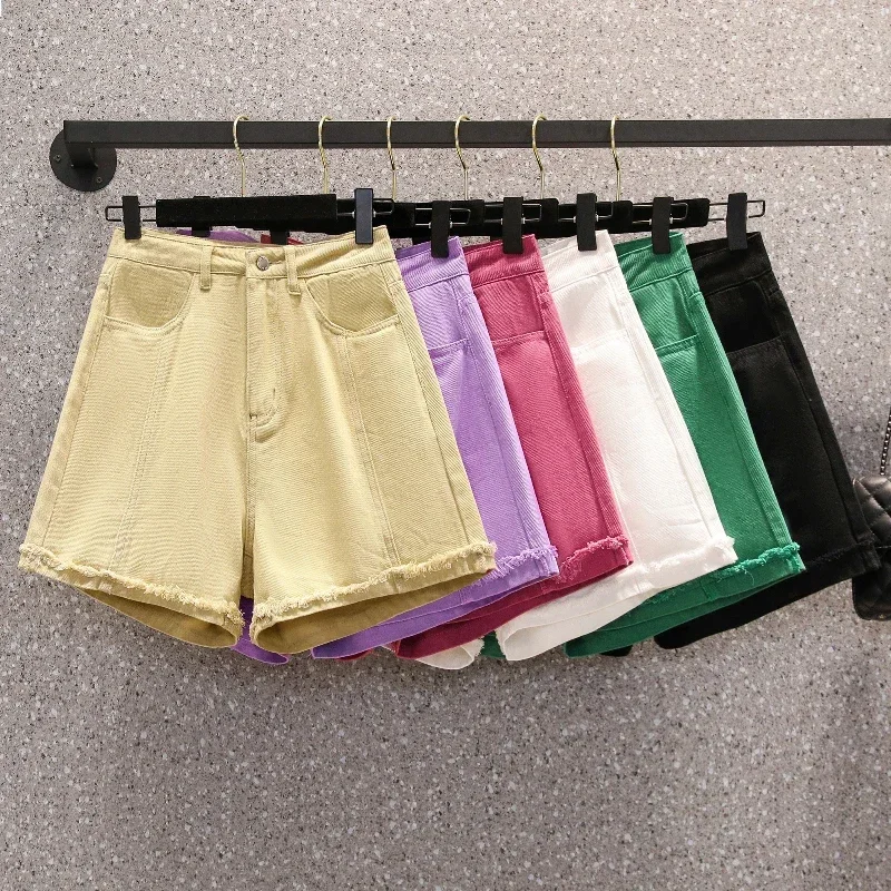 

2025 A-Line Wide Leg Large Size Pants Casual Pure Color Female Denim Shorts Women's High-Waisted Fringe Knit Plus Size Shorts