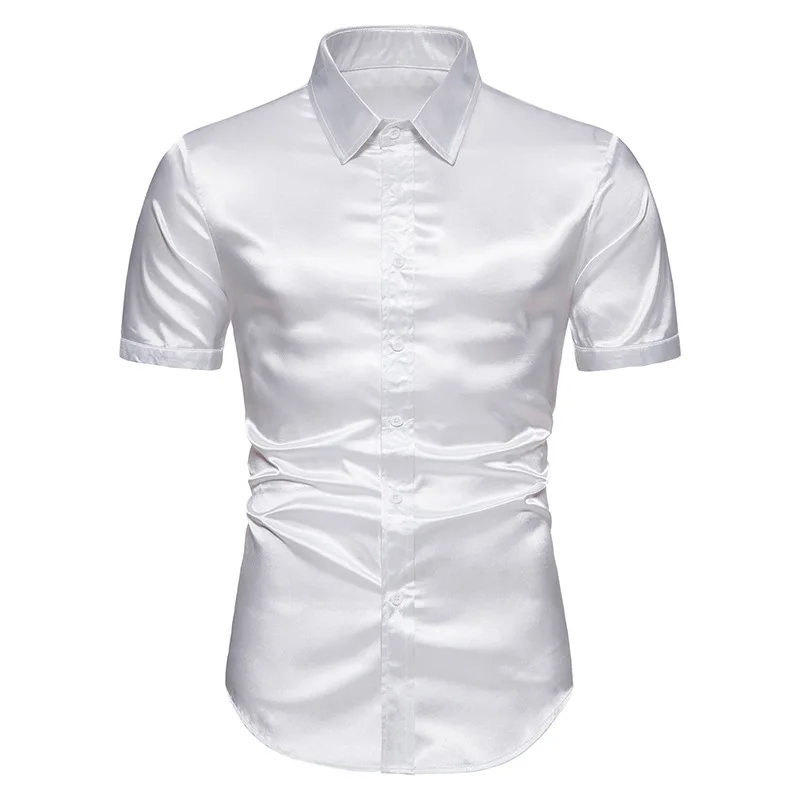 Summer White Silk Satin Shirts for Men Short Sleeve Slim Fit Party Wedding Tuxedo Shirt 2023 Brand New Casual Button Down Shirts