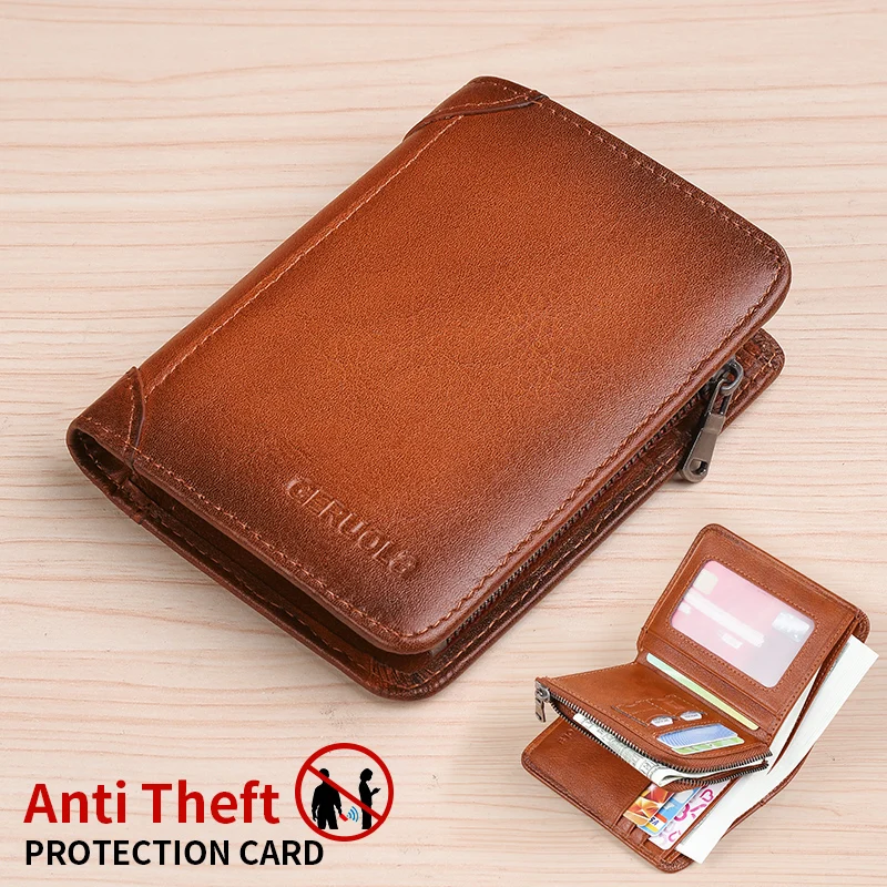 

Men's Genuine Leather Zipper Short Wallet Vintage RFID Multi-card Holder with Coin Pocket Money Clip - Gift for Men