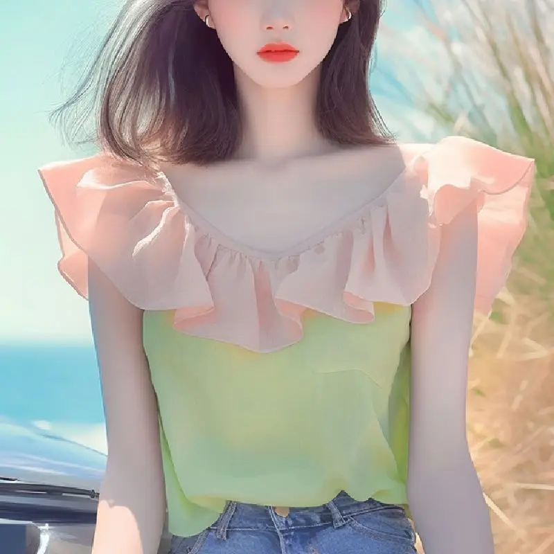 Women Ruffled Neck Sleeveless Blouse Lightweight Chiffon Top Sweet Style Short Loose Fit Summer Casual Blouse