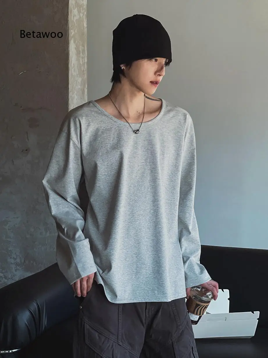 Mens Relaxed Wide Neck Long Sleeve T Shirt Autumn Loose Inner Wear Korean Commute Style Pure Cotton Undershirt For Daily Layeri