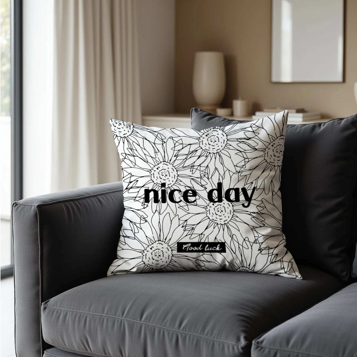 

Modern Minimalist Floral Cushion Cover Peach Skin Black White Nice Day Pillow Case for Sofa Living Room Home Decor 1 Piece