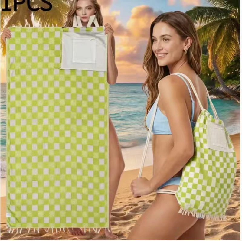 2 in 1 Beach Towel Backpack Quick Dry Sand Free Beach Bag Drawstring Backpack Outdoor Swimming Camping Travel Beach Storage Sack