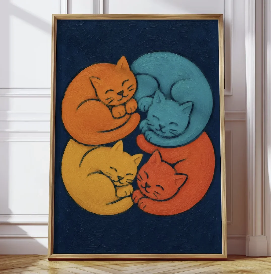(No frame)Four Sleeping Colorful Cats Canvas Print, Oil Painting Wall Poster For Living Room, Bedroom, Nursery, Cat Lover Hom