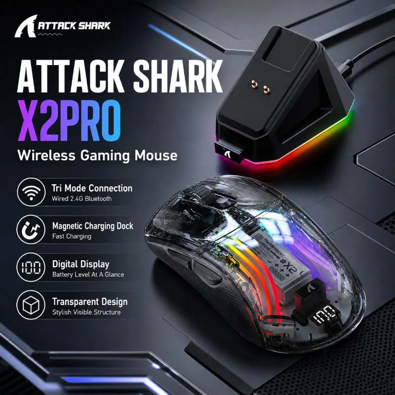ATTACK SHARK X2/X2PRO Wireless Gaming Mouse RGB Charging Dock Tri Mode Bluetooth Wired Transparent Shell Silent Click For Gamer