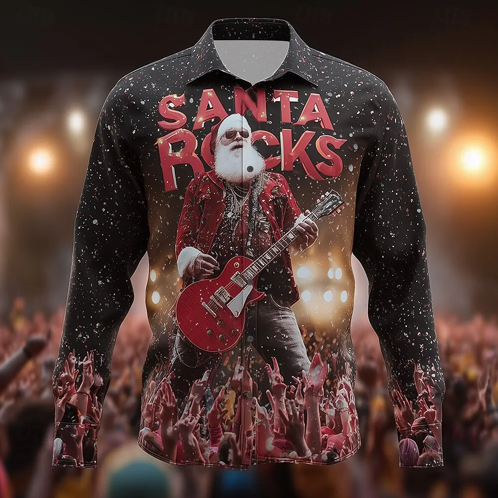 عيد الميلاد الرجال سانتا كلوز روك الغيتار قميص زر يصل قميص طويل الأكمام مضحك هدايا عيد الميلاد الربيع 3D طباعة الياقات القمصان #5
