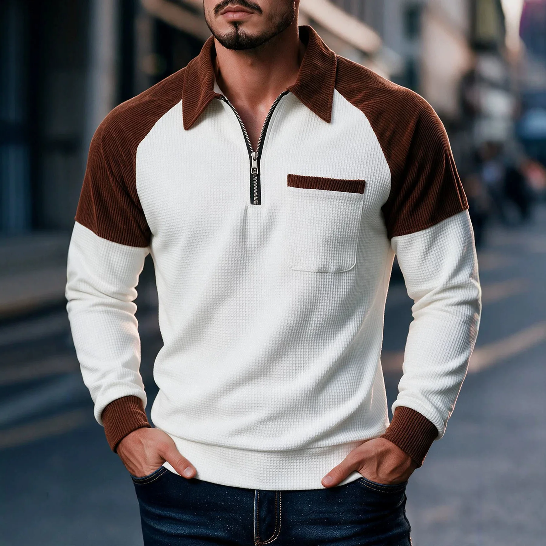 2026 Autumn Men's Polo Shirt Fashion New Waffle Splicing and color matching Long Sleeve Zipper Pocket Men's Casual Sweatshirt