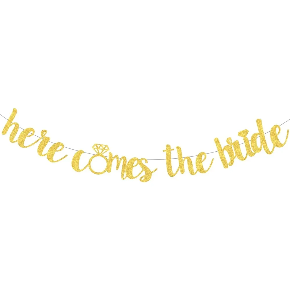 

Cheereveal Here Comes The Bride Sign Banner Gold for Wedding Engagement Bridal Shower Decorations Bachelorette Party Supplies