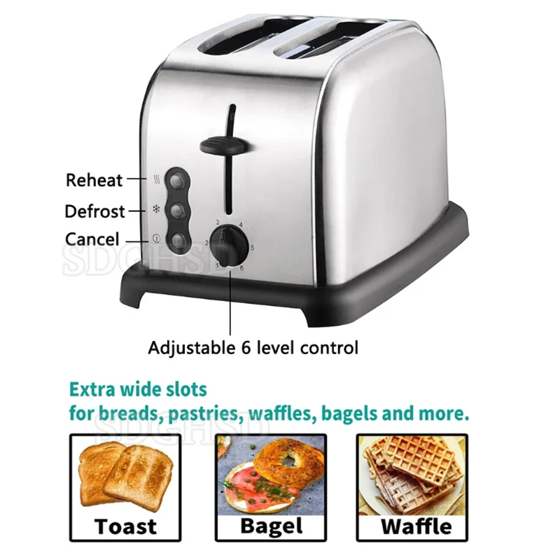 4 Slices Household Electric Toaster Extra Wide Slots Variable Electronic Control Stainless Steel