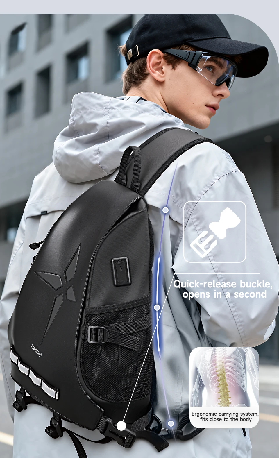 Tigernu Herren-Umhängetasche in Übergröße mit USB-Anschluss für 11-Zoll-Brusttasche mit abnehmbarem 3-Punkt-Tragegurt, Fahrrad- und Sporttasche – Detail 4