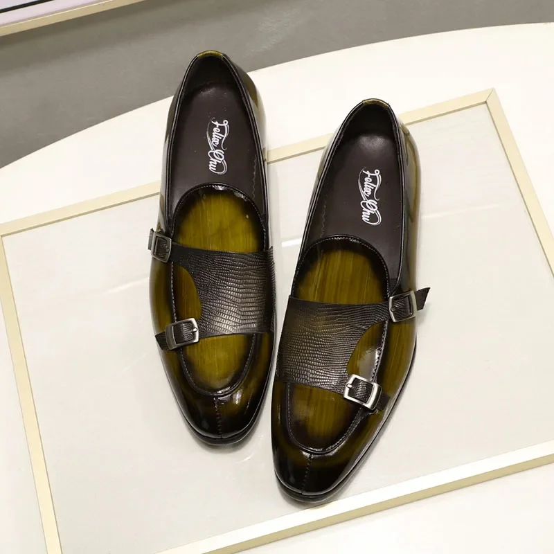 FELIX CHU Men\'s Patent Leather Loafers Black/Green Monk Strap Slip-On Shoes for Wedding Party Dress Casual Fashion