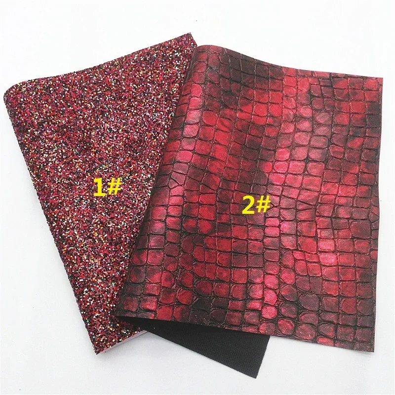 Red Glitter Leather sheets Metallic Crocodile Faux Leather Immitation Horse Fur with Gold Dots Leopard Fabric DIY 21x29CM Y413