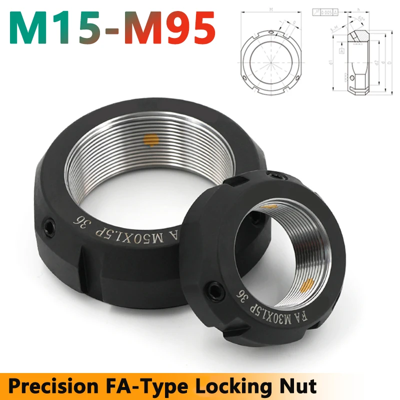 

1pcs M15-M95 FA-type Precision Locking Nut Machine Tool Shaft Spindle Lead Screw Round Locknut Pitch 1/1.5/2mm Steel Nuts