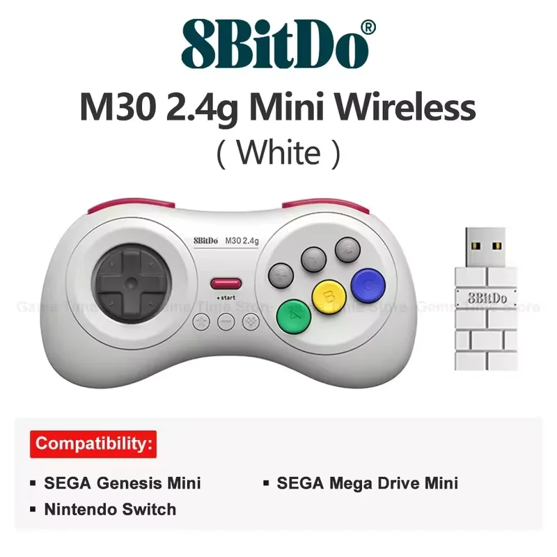 Bezprzewodowy czarno-biały gamepad 8BitDo M30 2.4G dla Gega Genesis Mini i Mega Drive Mini - bezprzewodowy kontroler gier