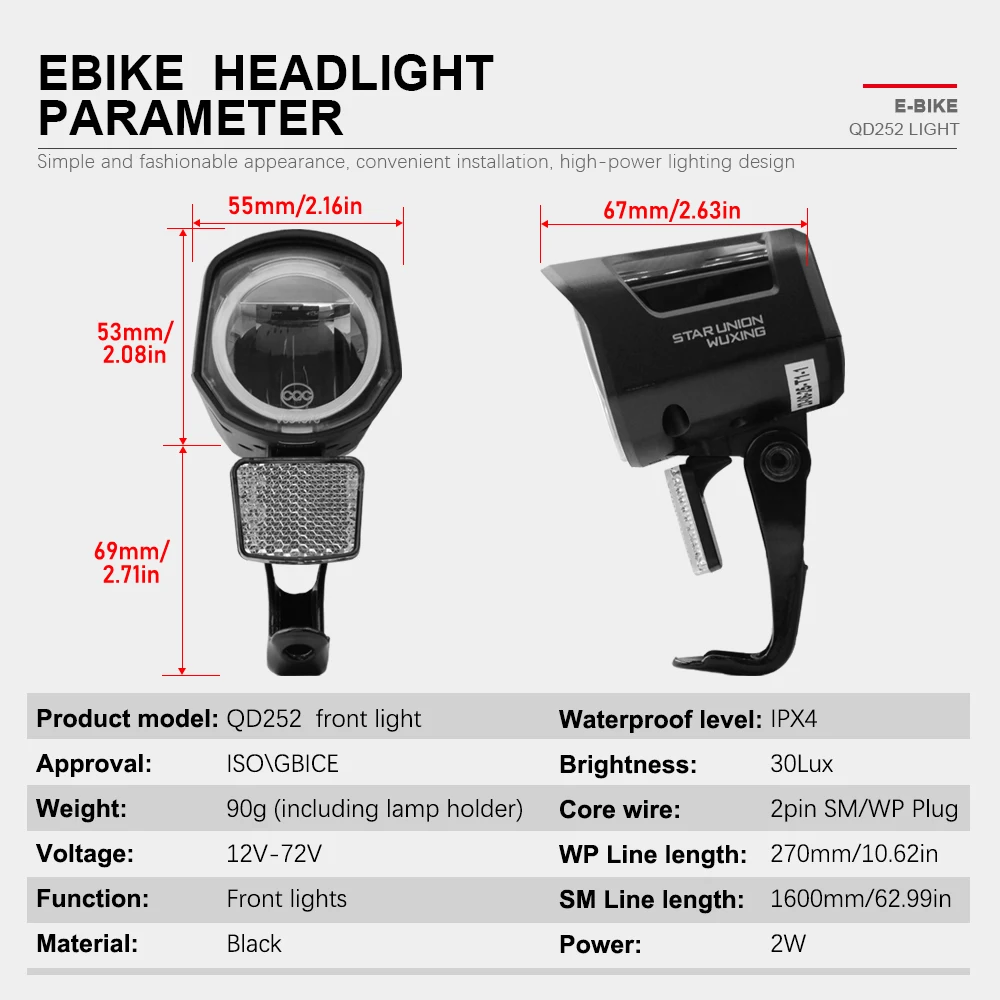 

12 В-72 В передний фонарь для электронного велосипеда QD252, светодиодная фара для электрического скутера SM/водонепроницаемая вилка для MTB, дорожная фара, аксессуары для велосипеда
