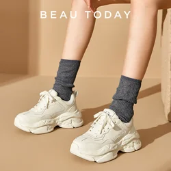 BeauToday Platform Sneakers Casual Women Lace-Up Round Toe Chunky Sole Ladies Shoes Handmade 29460