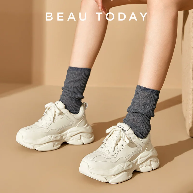 BeauToday Platform Sneakers Casual Women Lace-Up Round Toe Chunky Sole Ladies Shoes Handmade 29460