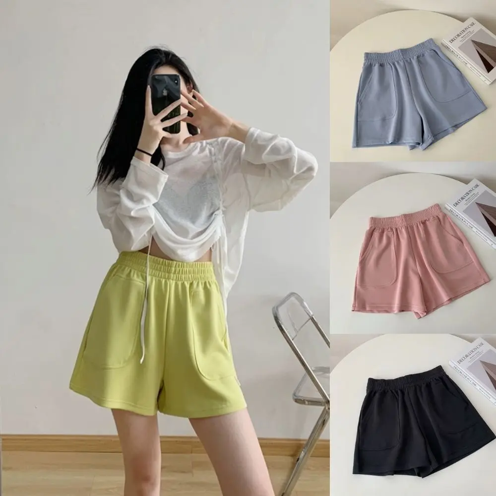 Summer Women\'s Shorts Trendy Casual Summer Bright Color Short Pants With Pocket Soft Korean Style Girls Bottoms Elastic Homewear