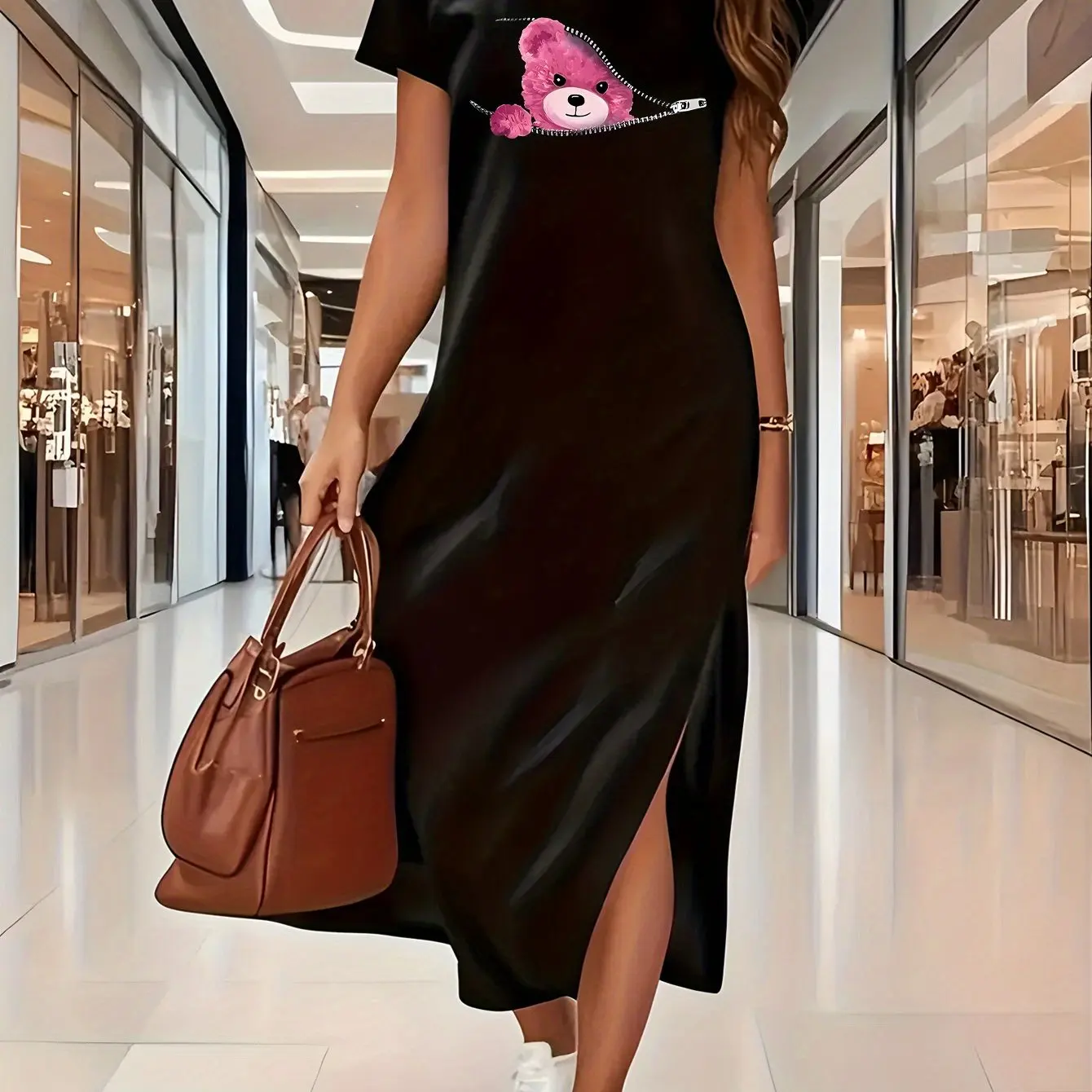 Robe d'été longue t-shirt pour femmes, noire, élégante, jupe fendue, graphique ours rose