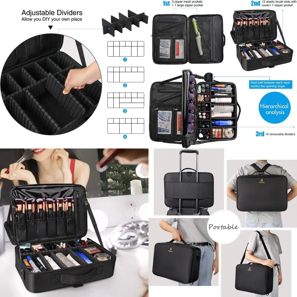 

Портативный дорожный органайзер для макияжа с регулируемыми отделениями для косметики, кистей, ювелирных изделий и аксессуаров
