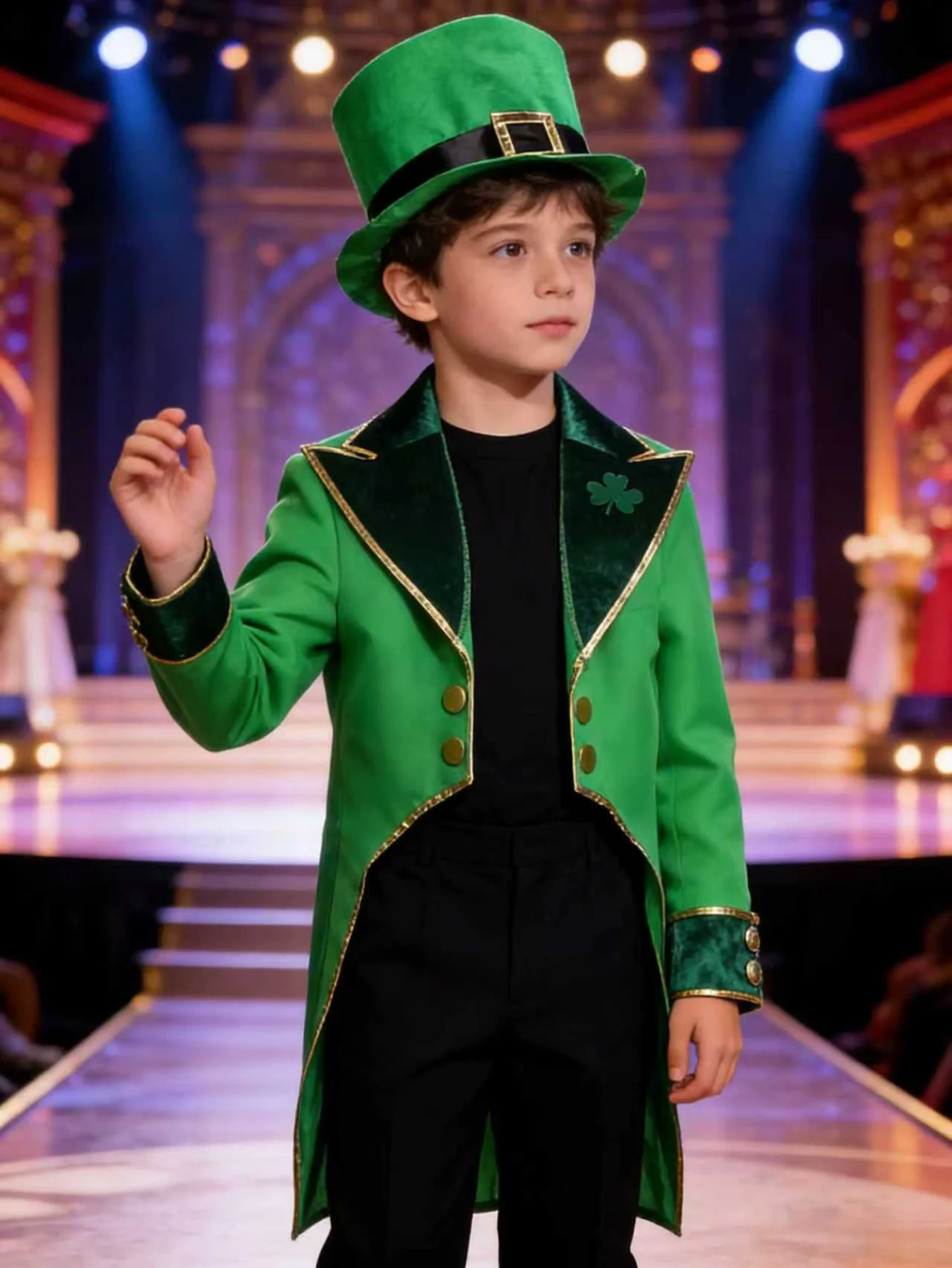 

1 Set of Green Performance Costumes for Boys and Teenagers: 1 Hat + 1 Jumpsuit, with Dark Green Printed Cuffs and a Deep V-Neck with a Turn-Down Collar, Suitable for School Performances, Masquerade Balls, and Various Other Occasions, Halloween, Carnival, 