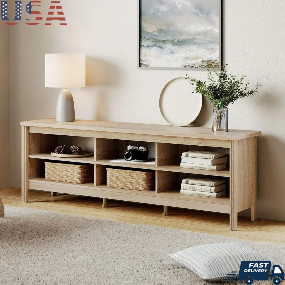 Suporte de TV de fazenda, centro de entretenimento de TVs de 75 polegadas com 6 prateleiras de armazenamento, mesa de console de madeira de carvalho MDF durável