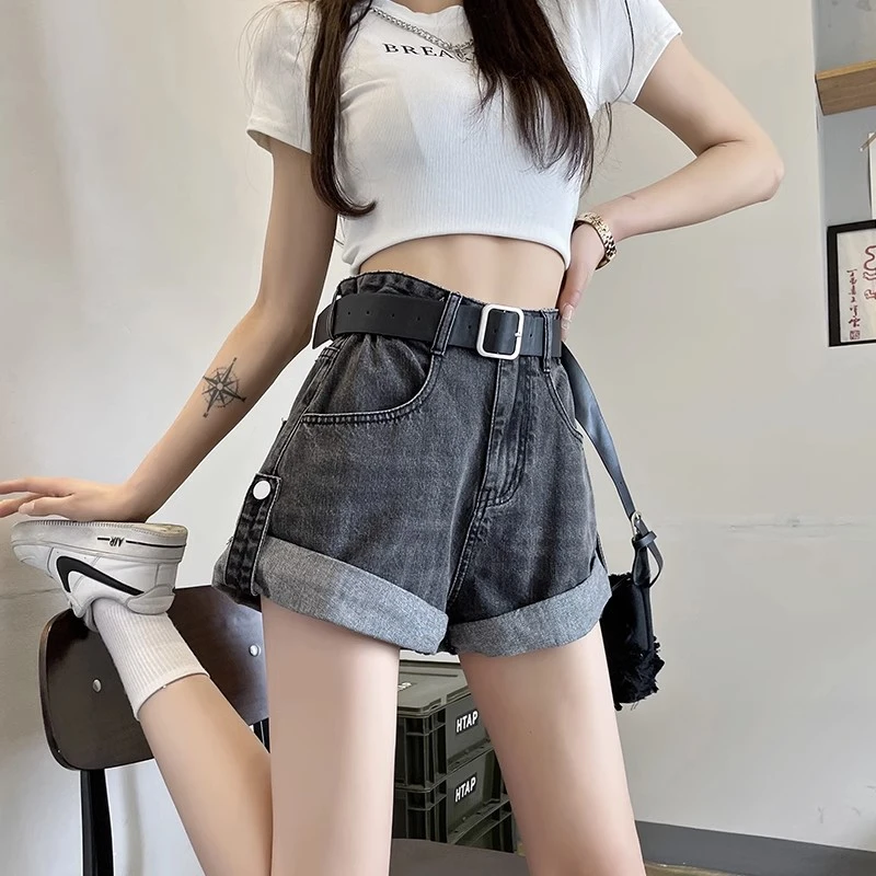 Grey high-waisted versatile denim shorts female summer new loose thin design a word versatile wide-leg rolled hot trousers