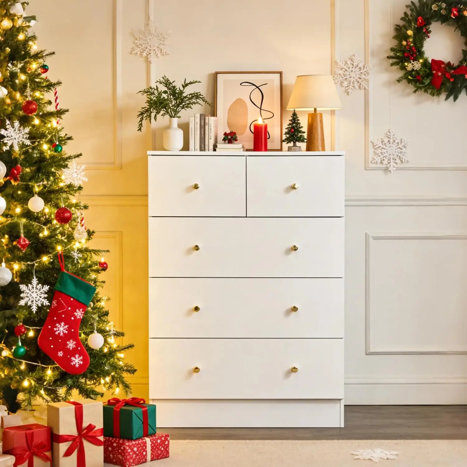 

Белый комод с 5 ящиками для спальни, высокий комод-тумба, деревянный комод в деревенском стиле для спальни, органайзер для одежды, на заказ